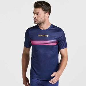 Men's Saucony Elite Short Sleeve T Shirts Navy | TDMSGUE-31