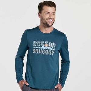 Men's Saucony Stopwatch Graphic Long Sleeve T Shirts Blue | OCGSBQK-85