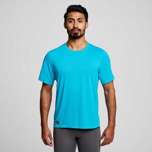 Men's Saucony Stopwatch Short Sleeve T Shirts Blue | HTRMPJI-83