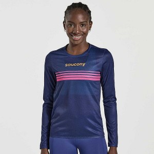 Women's Saucony Elite Long Sleeve T Shirts Navy | DPXCSHB-47