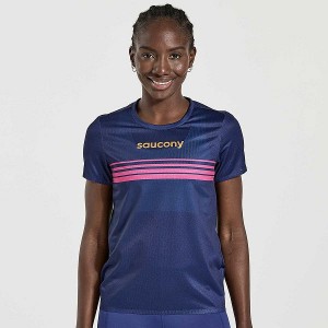 Women's Saucony Elite Short Sleeve T Shirts Navy | RYPBHNQ-49