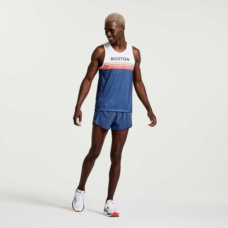 Men's Saucony Boston Stopwatch Singlet Tank Top Blue / White | VPNIEKU-29