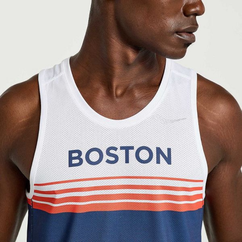 Men's Saucony Boston Stopwatch Singlet Tank Top Blue / White | VPNIEKU-29