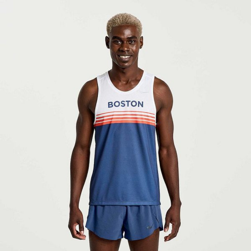 Men\'s Saucony Boston Stopwatch Singlet Tank Top Blue / White | VPNIEKU-29