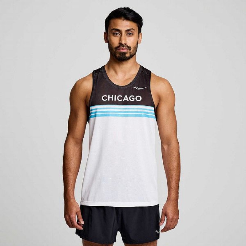 Men\'s Saucony Chicago Stopwatch Singlet Tank Top White | IYKRWJN-39