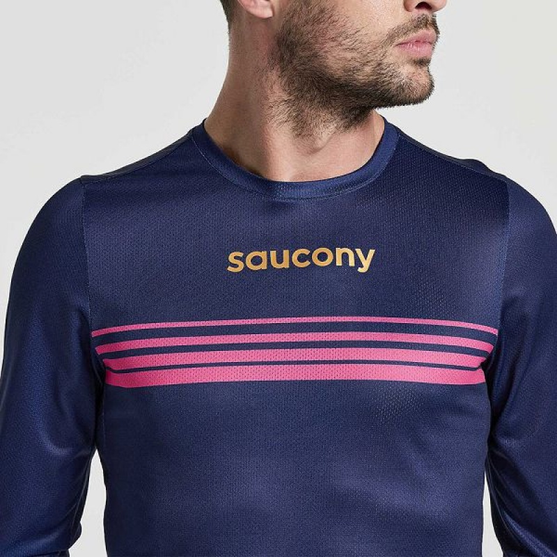 Men's Saucony Elite Long Sleeve T Shirts Navy | UPWKVIT-78