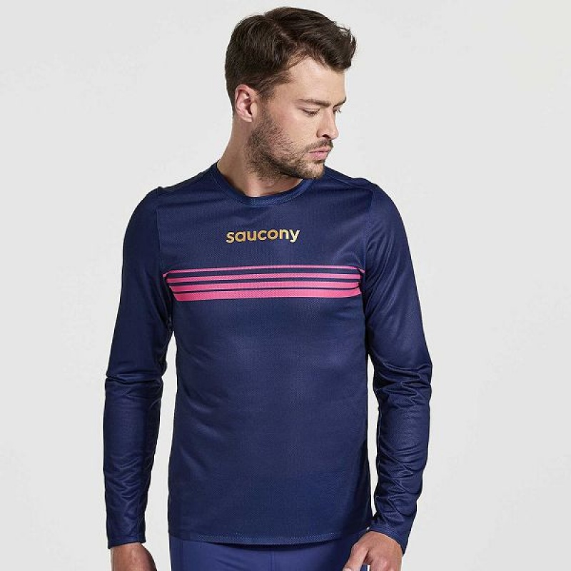 Men\'s Saucony Elite Long Sleeve T Shirts Navy | UPWKVIT-78