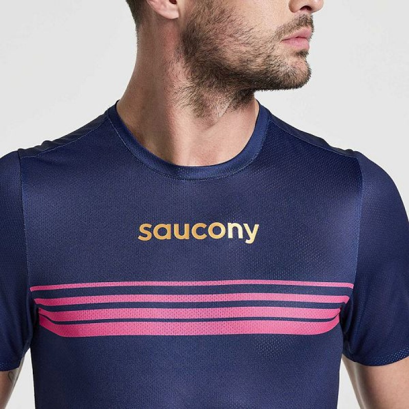 Men's Saucony Elite Short Sleeve T Shirts Navy | TDMSGUE-31