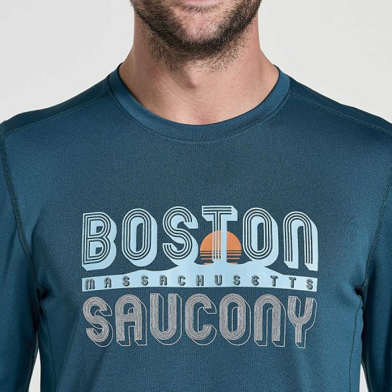 Men's Saucony Stopwatch Graphic Long Sleeve T Shirts Blue | OCGSBQK-85