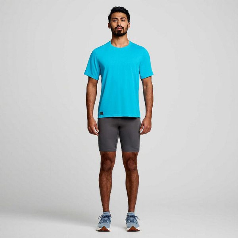 Men's Saucony Stopwatch Short Sleeve T Shirts Blue | HTRMPJI-83