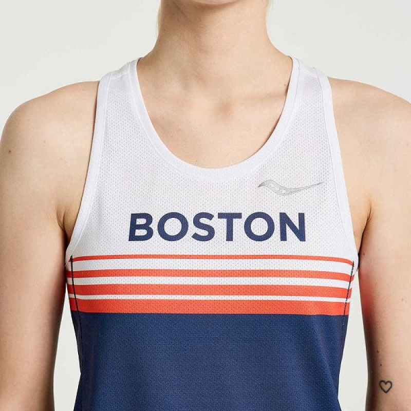 Women's Saucony Boston Stopwatch Singlet Tank Top Blue / White | QJNYZUF-51