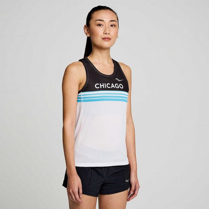 Women's Saucony Chicago Stopwatch Singlet Tank Top White / Black | HDUANFS-37