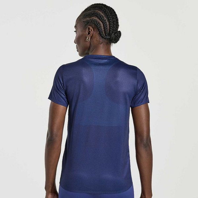 Women's Saucony Elite Short Sleeve T Shirts Navy | RYPBHNQ-49