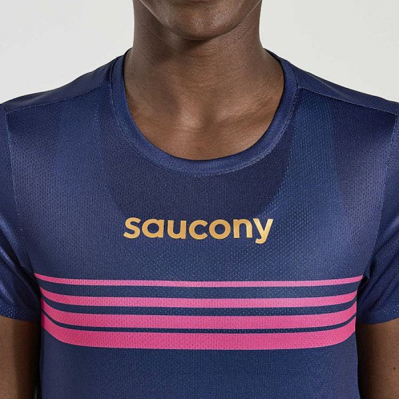 Women's Saucony Elite Short Sleeve T Shirts Navy | RYPBHNQ-49