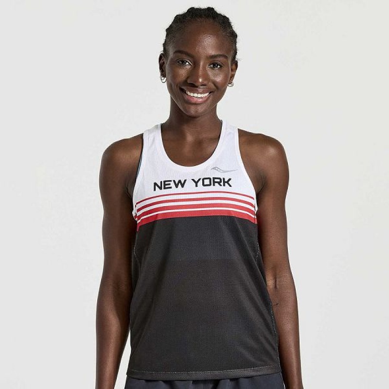 Women\'s Saucony NYC Stopwatch Singlet Tank Top White / Black | DELBPFS-16