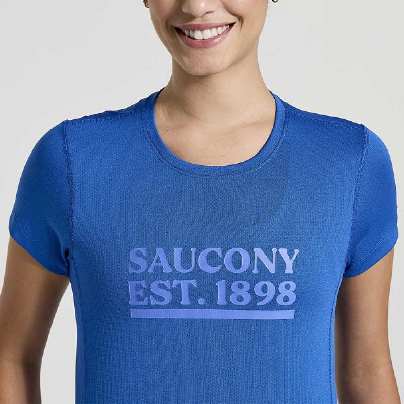 Women's Saucony Stopwatch Graphic Short Sleeve T Shirts Blue | XAVBJLQ-32